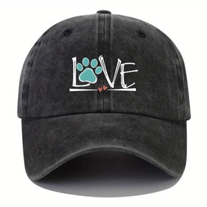 Vintage washed black baseball cap featuring LOVE text with a paw print and red hearts