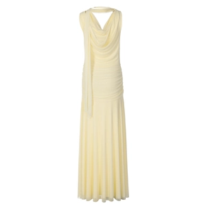 Detail of light yellow backless maxi dress with draped halter neckline and mesh inserts