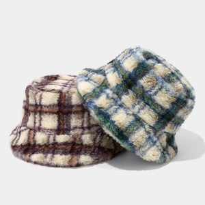 Chapeaux bob en peluche à carreaux pour femmes en motifs violets et bleus