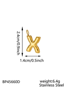 Macro view of gold stainless steel bubble letter X pendant with size measurements