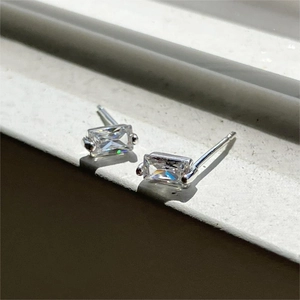 925 Sterling Silver Stud Earrings For Women With Rectangular Cubic Zirconia Minimalist Geometric Trendy Jewelry