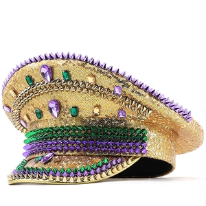 Gold Sequin Captain Hat With Spikes And Rhinestones Military Festival Party Performance Carnival Disco Statement Cap