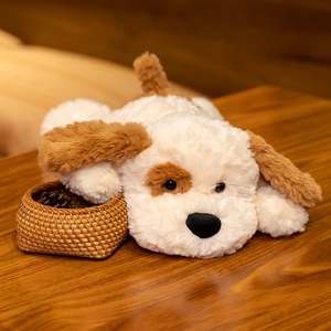 Close-up of soft white and brown plush dog pillow with fluffy texture in cozy home setting