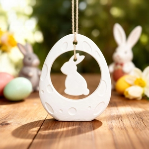 Close-up of a white Easter egg pendant with hollow rabbit design and twine hanger