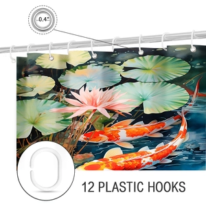 Detail of waterproof bath curtain with rustproof metal grommets and 12 plastic C-hooks