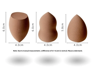 Detailed size guide for brown beauty sponges in teardrop, gourd and beveled shapes