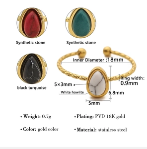Detailed size chart for stainless steel ring with white howlite and gold PVD finish