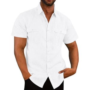 Men's white short sleeve linen shirt featuring a button-down collar and double chest pockets