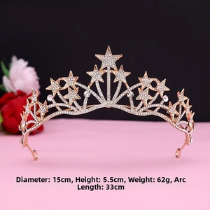 Detailed specs of rose gold star tiara: 15cm diameter, 5.5cm height, and 62g weight
