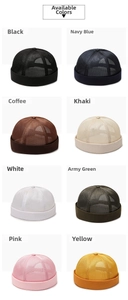 Selection of breathable mesh brimless docker hats in eight different summer colors