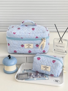 Quilted blue strawberry stripe cosmetic bag set with top handle and large capacity