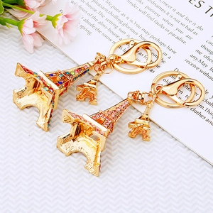 Detail showing Eiffel Tower keychains with colorful rhinestones and lobster clasp on book
