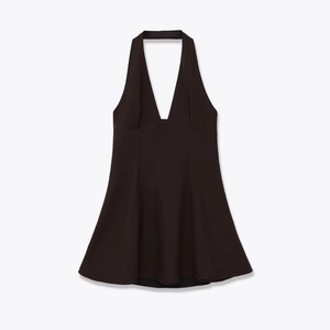 Robe Mini Licou Satin D'acétate Col En V Profond Dos Nu Double Couche Élégante Chic Fête Sans Manches Femmes