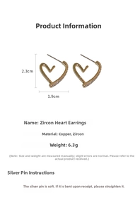 Detailed size specifications for gold plated heart earrings with zircon inlay measurements