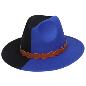 Two-tone wool fedora hat in black and blue gradient with brown braided leather band