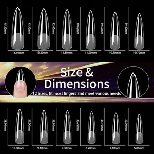 XXL long square false nail tips size guide with measurements in twelve varied sizes