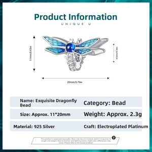 Detailed 925 sterling silver dragonfly charm with blue enamel and 11x20mm size scale