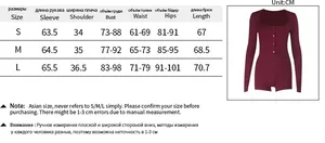 Detailed size chart for square neck long sleeve bodysuit with measurements in CM