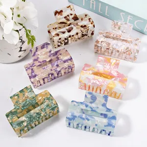 Geometric Square Hair Claw Clip Marble Tortoiseshell Pattern Cellulose Acetate Hollow Nonslip Accessory