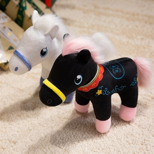 Cute black and white plush horse toy set with colorful manes and embroidery