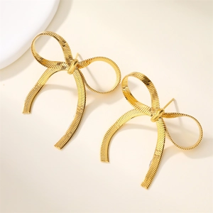 Golden stainless steel bowknot stud earrings with hanging blade chain tassels