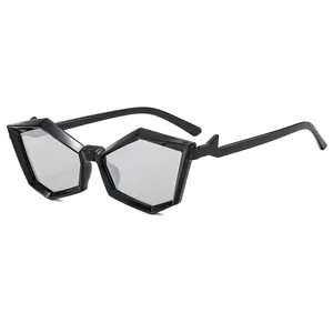 Fashionable black geometric polygon sunglasses with glossy resin frame and light gray lenses