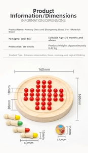 Detailed size specifications for wooden memory match and Peg Solitaire board game set