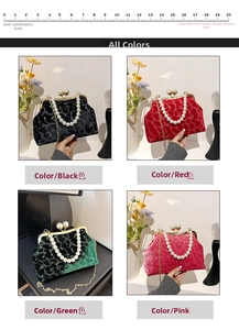 Collage of velvet shell bags in black red green and pink with pearl handle