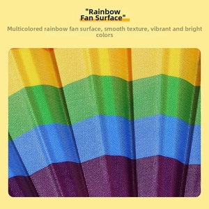 Macro detail of vibrant rainbow striped fabric on a folding fan with fine woven texture