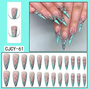 Tiffany blue and nude stiletto fake nails with delicate pink cherry blossom patterns