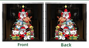 Front and back view of double-sided Christmas window stickers with festive cartoon icons