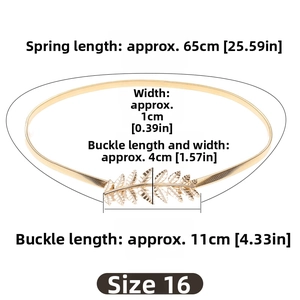 Detail of gold metal spring belt featuring leaf-shaped buckle with size measurements