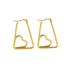 Geometric gold earrings featuring a trendy hollow heart inside a trapezoid frame design