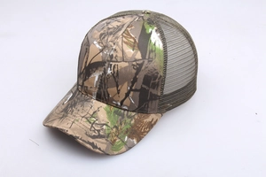 Detail view of leaf camouflage patterns and olive green mesh on outdoor sun protection hat