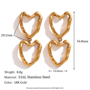 Detailed size specifications for 18K gold double heart drop earrings in 316L steel