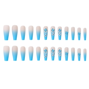 Blue and pink gradient long ballerina press-on nails with delicate butterfly art