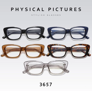 Detailed view of cat-eye anti-blue light glasses in five colors including amber and transparent