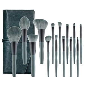 Kit de 13 pinceaux de maquillage vert foncé avec pochette en cuir assortie de luxe