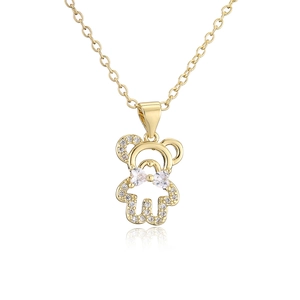 18K gold plated hollow bear pendant necklace with sparkling cubic zirconia on white background