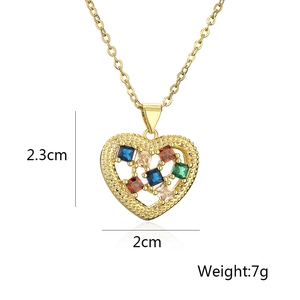 Detail view of gold-plated heart pendant with colorful stones, 2.3cm height, 7g weight