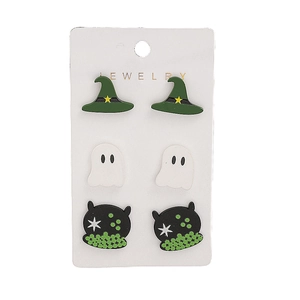 Dettaglio set orecchini Halloween con cappelli da strega, fantasmi e calderoni