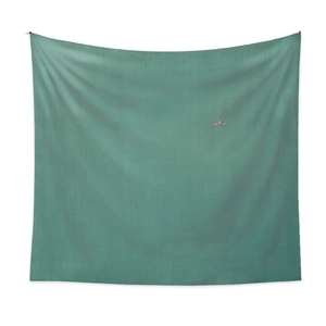 Close-up of minimalist teal green tapestry with smooth fabric texture and silhouette