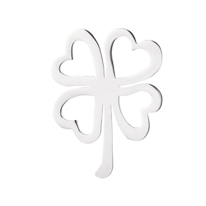 Detailed close-up of a silver polished stainless steel four-leaf clover pendant on white back