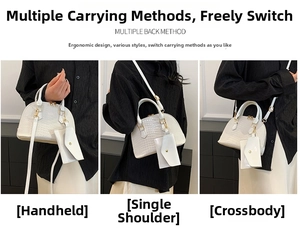 Three-way carry demonstration of white crocodile texture shell bag and pouch