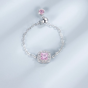 Minimalist S925 silver chain ring featuring a pink square zircon on a light blue background