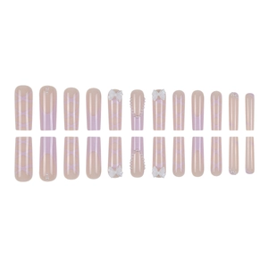 Set of 24 long ballet press-on nails with purple French tips, 3D bows, and pearls