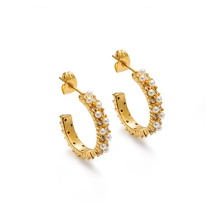 18k gold plated stainless steel C-shaped earrings with pearls and zircon crystals