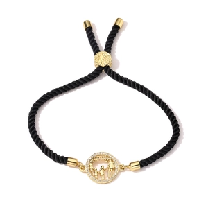 Bracelet cordon noir réglable avec pendentif doré silhouette de famille et zircon
