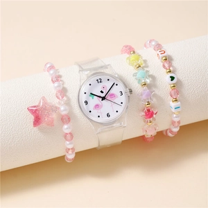 Set orologio per bambini con fenicottero, cinturino trasparente e tre braccialetti
