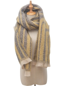 Detail view of yellow and grey striped knit scarf with fringes on a mannequin torso